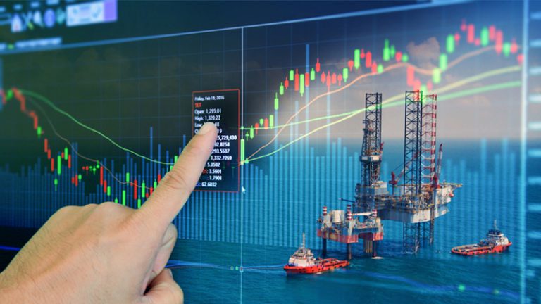 Stock market concept with oil rig in the gulf
